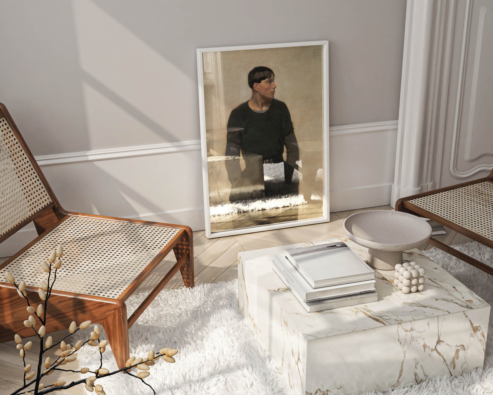 Framed wall art featuring Philpot's Young Breton portrait - classic British painting print in modern black frame ideal for gallery wall and contemporary interior design