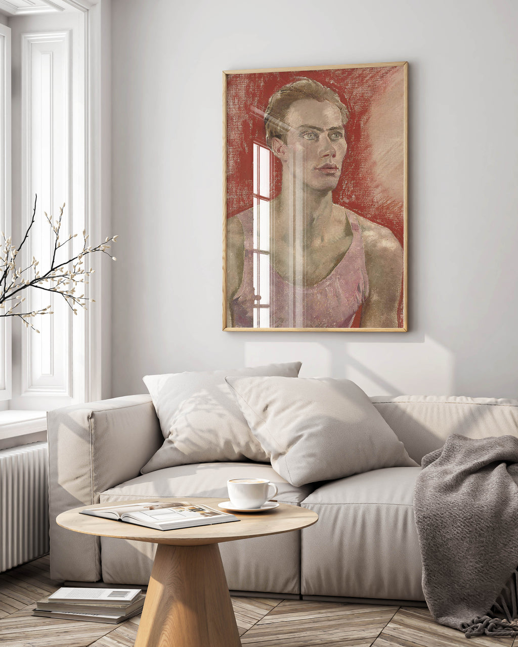 Glyn Warren Philpot Man in Pink Jan Erland portrait framed art print displayed on living room wall - museum quality 1930s modernist reproduction in elegant black frame perfect for home decor