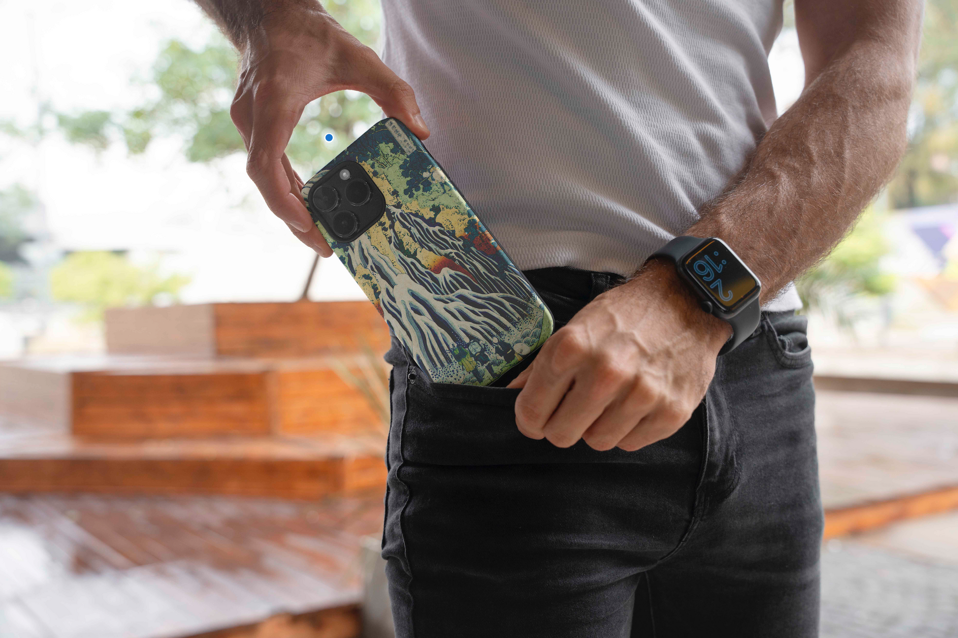 Durable phone case featuring a famous fine art print by Hokusai, "The Kirifuri Waterfall," designed for ultimate phone protection and a sleek aesthetic.
