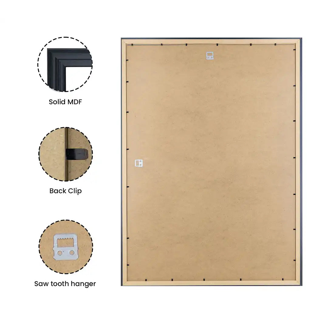 Back of picture frame showing secure metal back clips and sawtooth hanger for easy wall mounting, suitable for portrait or landscape display