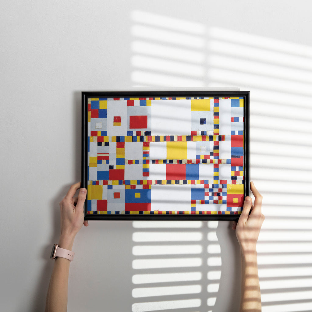 Iconic Piet Mondrian modern art wall print based on the original Victory Boogie Woogie painting housed at the Kunstmuseum Den Haag, Netherlands