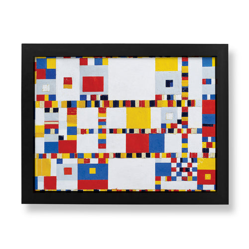 Piet Mondrian Victory Boogie Woogie fine art print featuring a vibrant grid of red, yellow and blue squares on a white background