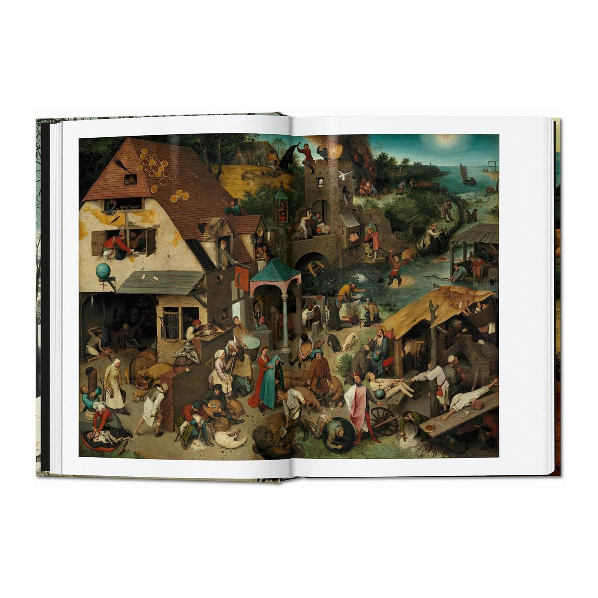 A detailed view of Pieter Bruegel the Elder's "Netherlandish Proverbs" painting, featured in the Taschen hardcover art book. This work showcases the artist's intricate and symbolic style.