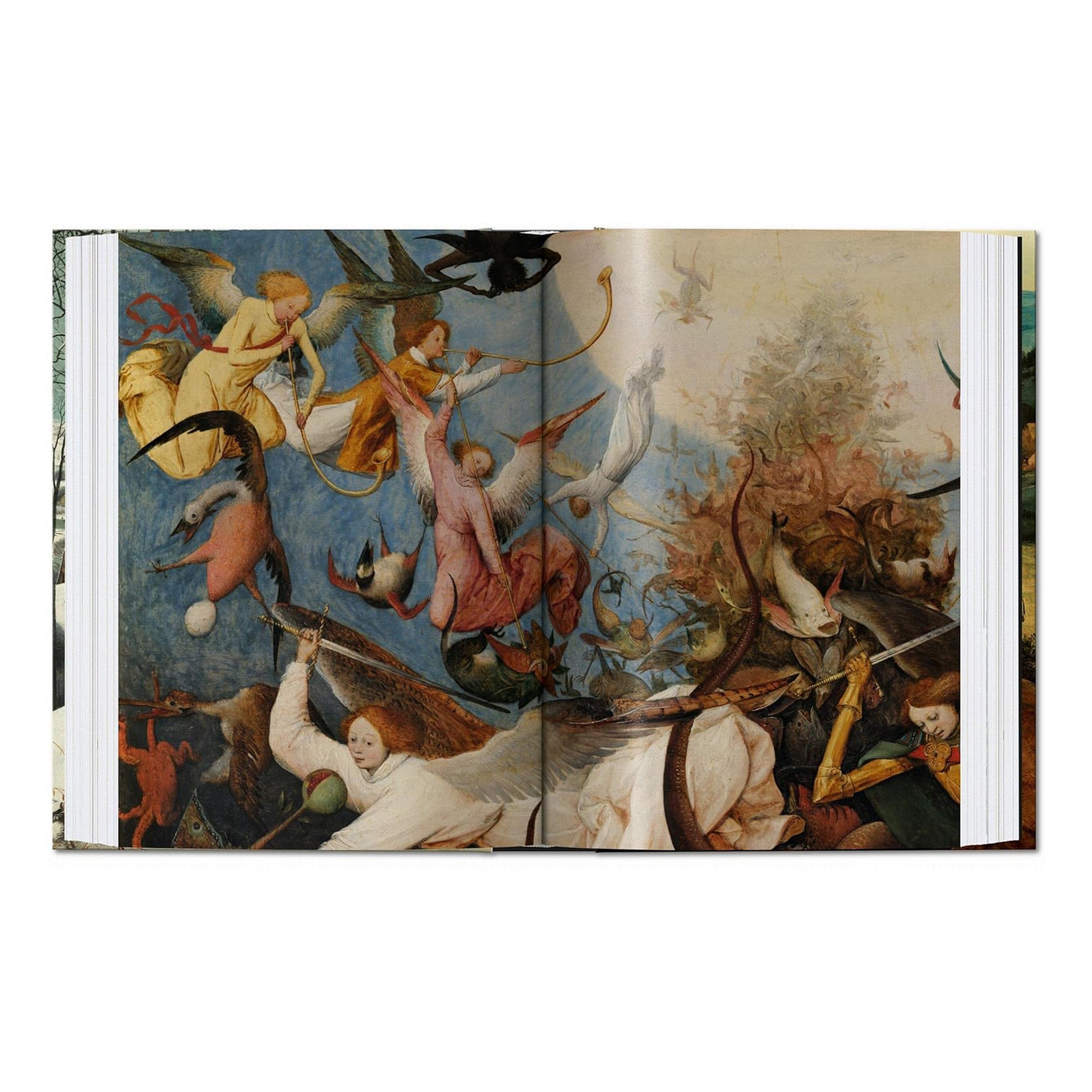 A stunning page from the Taschen art collection featuring "The Fall of the Rebel Angels," an imaginative and dramatic old master painting by Pieter Bruegel.