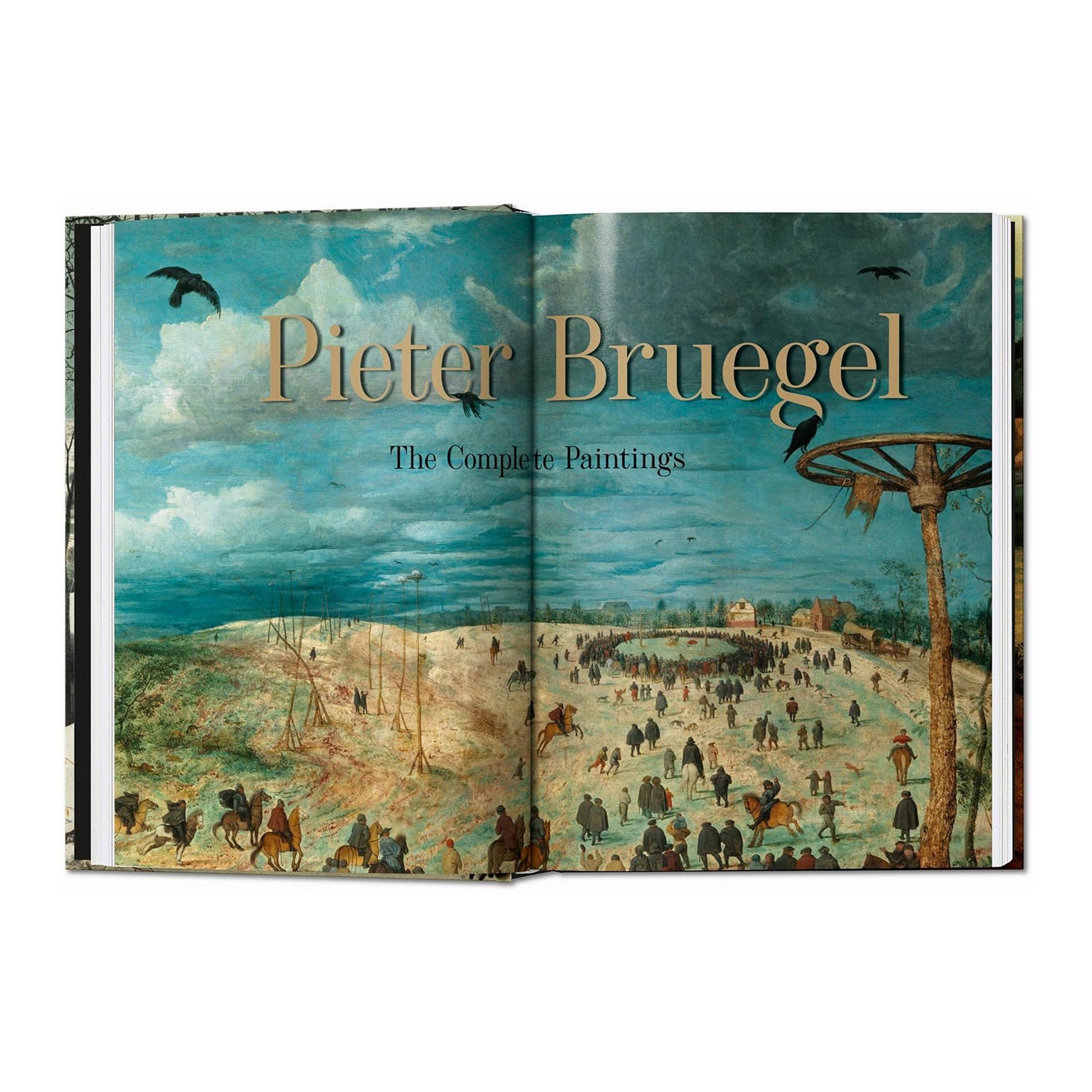A wide-angle view of a double-page spread from the Taschen hardcover book, highlighting Pieter Bruegel's "The Magpie on the Gallows" and the comprehensive nature of the complete paintings collection.