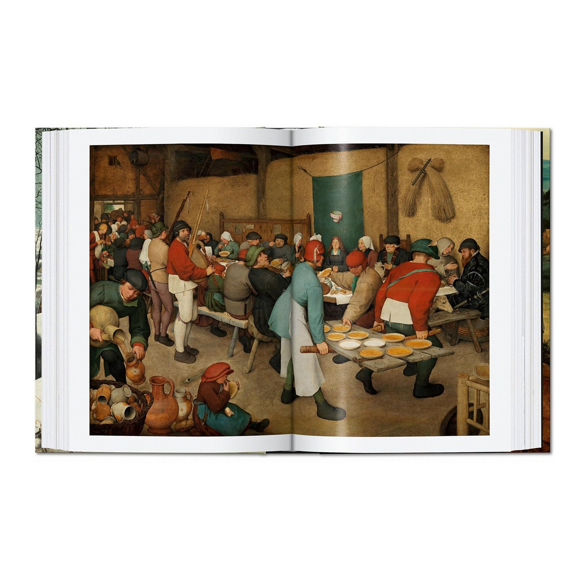 A vibrant image of "The Peasant Wedding" by Pieter Bruegel the Elder, as presented in the luxury Taschen fine art book, capturing the social realism of 16th-century Flemish life.