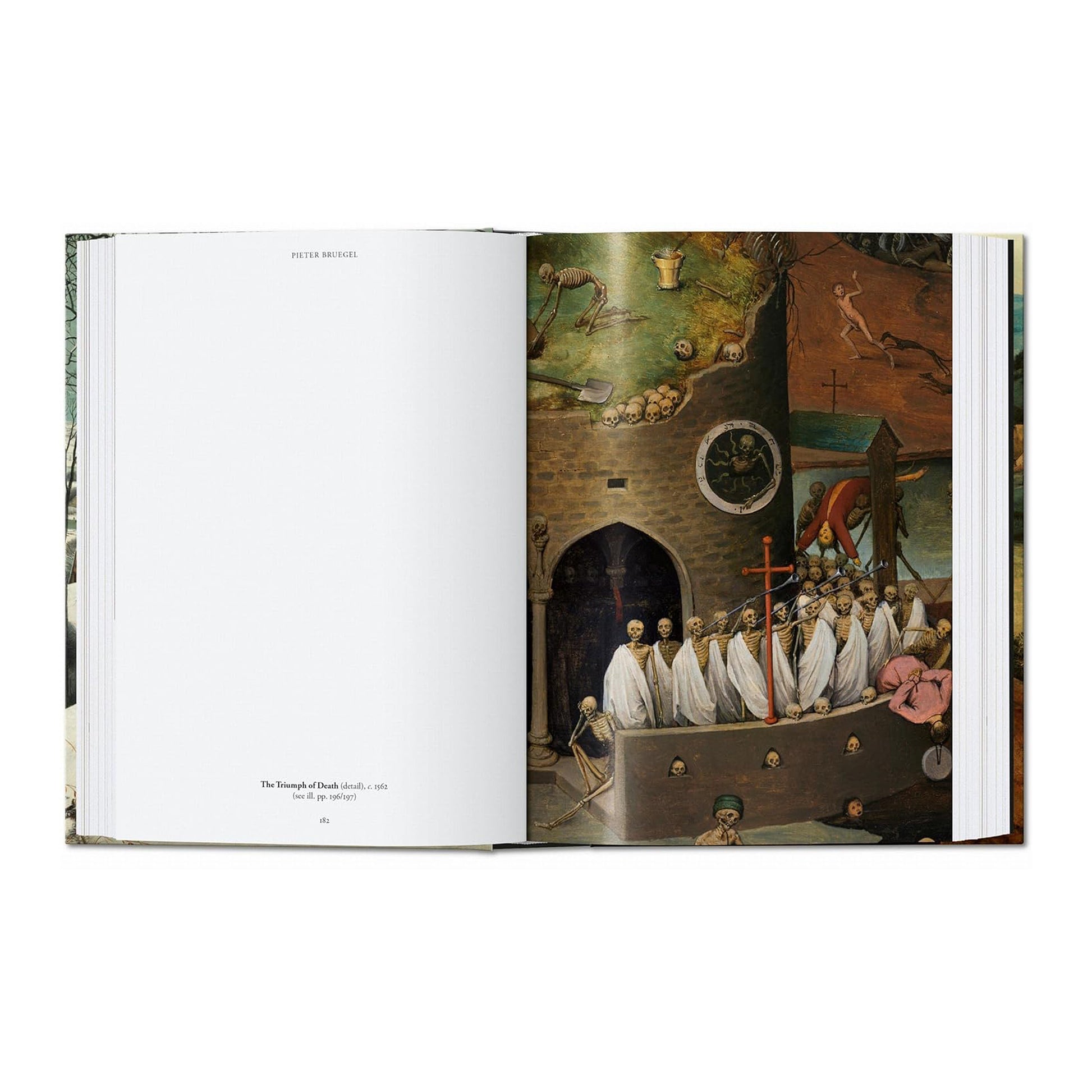 A page from the luxury Taschen art book "Pieter Bruegel. The Complete Paintings" showing the famous oil on panel painting "The Triumph of Death," a masterpiece of Northern Renaissance art.