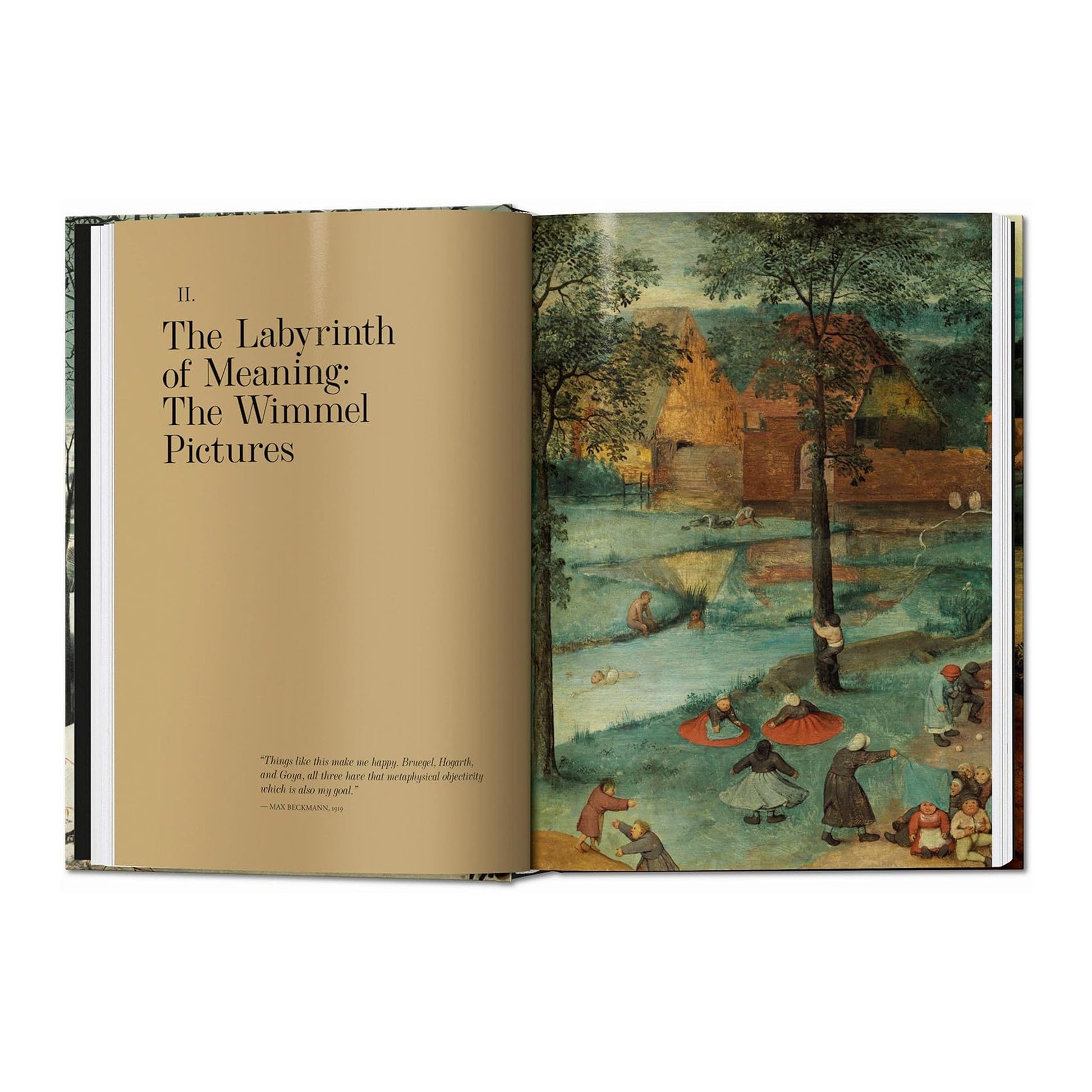 A close-up of a page from the art history book, revealing a section title and an intricate "Wimmel Picture" by Pieter Bruegel, showcasing the artist's detailed compositions.