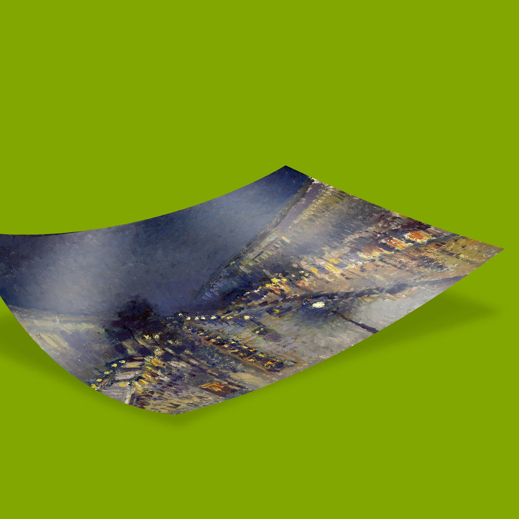 High-quality Pissarro art print of famous Paris night scene, premium impressionist wall decor showing Boulevard Montmartre with period lighting and urban atmosphere