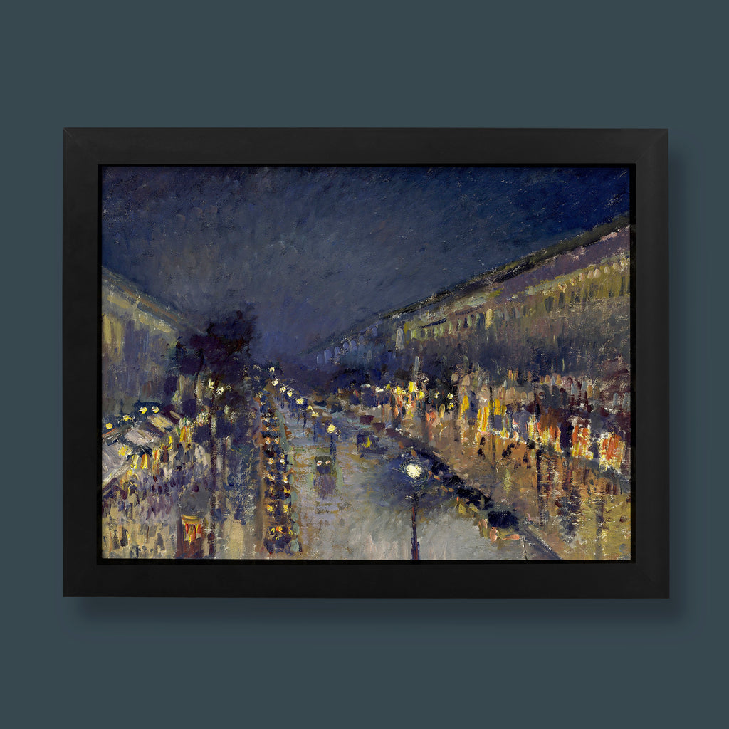 Camille Pissarro Boulevard Montmartre at Night impressionist fine art print reproduction, premium wall art featuring Paris street scene with electric lighting effects