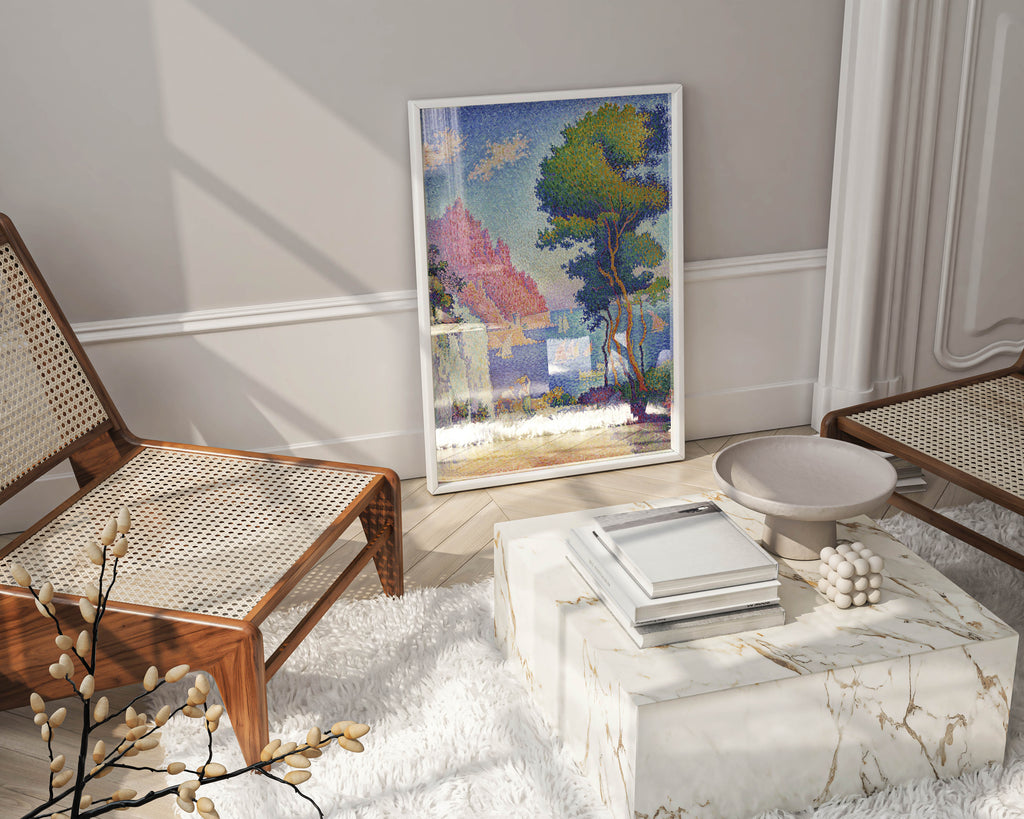 Framed Post-Impressionist wall art poster of Signac's Italian Riviera seascape hung in stylish home decor setting with coastal theme