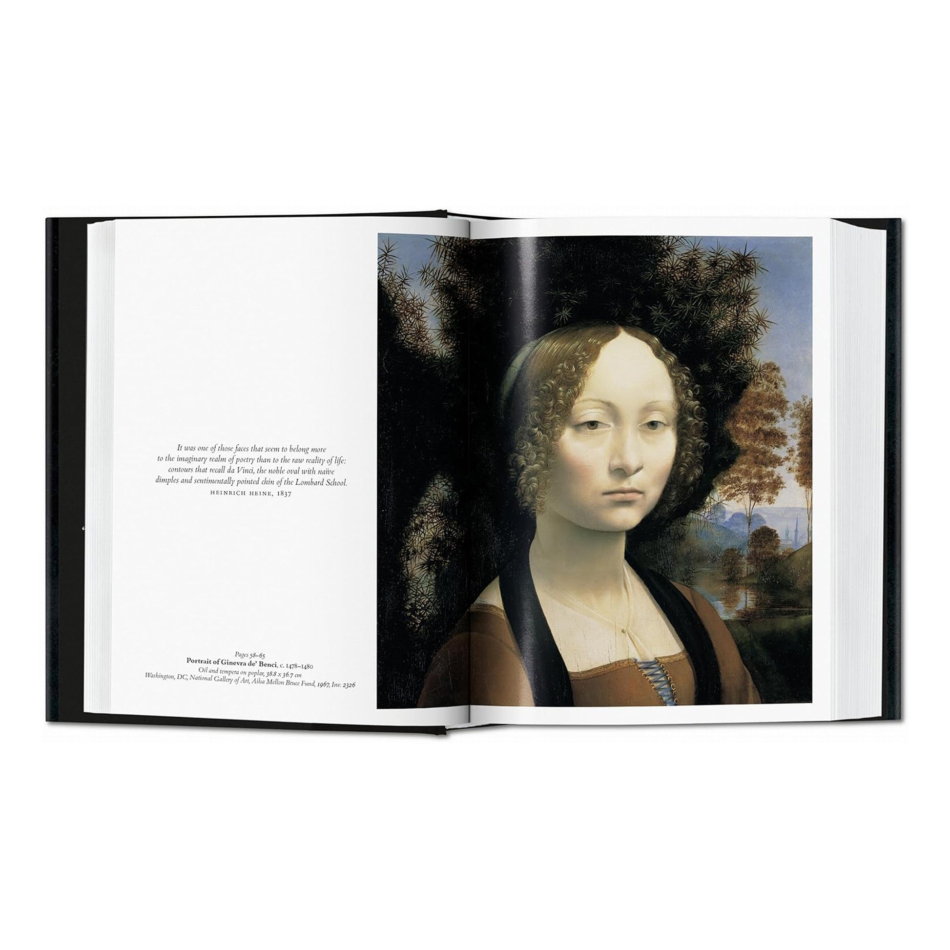 A beautiful image from the luxury art book featuring Leonardo da Vinci's "Portrait of Ginevra de' Benci," highlighting the exquisite detail and fine art quality.