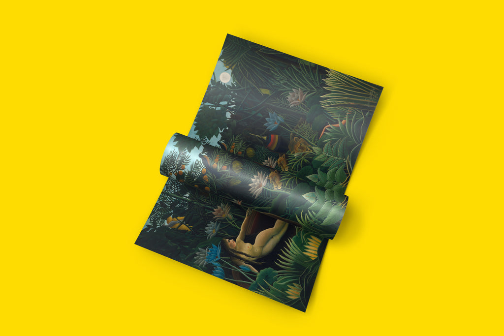 Close-up of the detailed foliage and exotic animals in the Henri Rousseau "The Dream" art print, highlighting the vibrant 12-color printing.