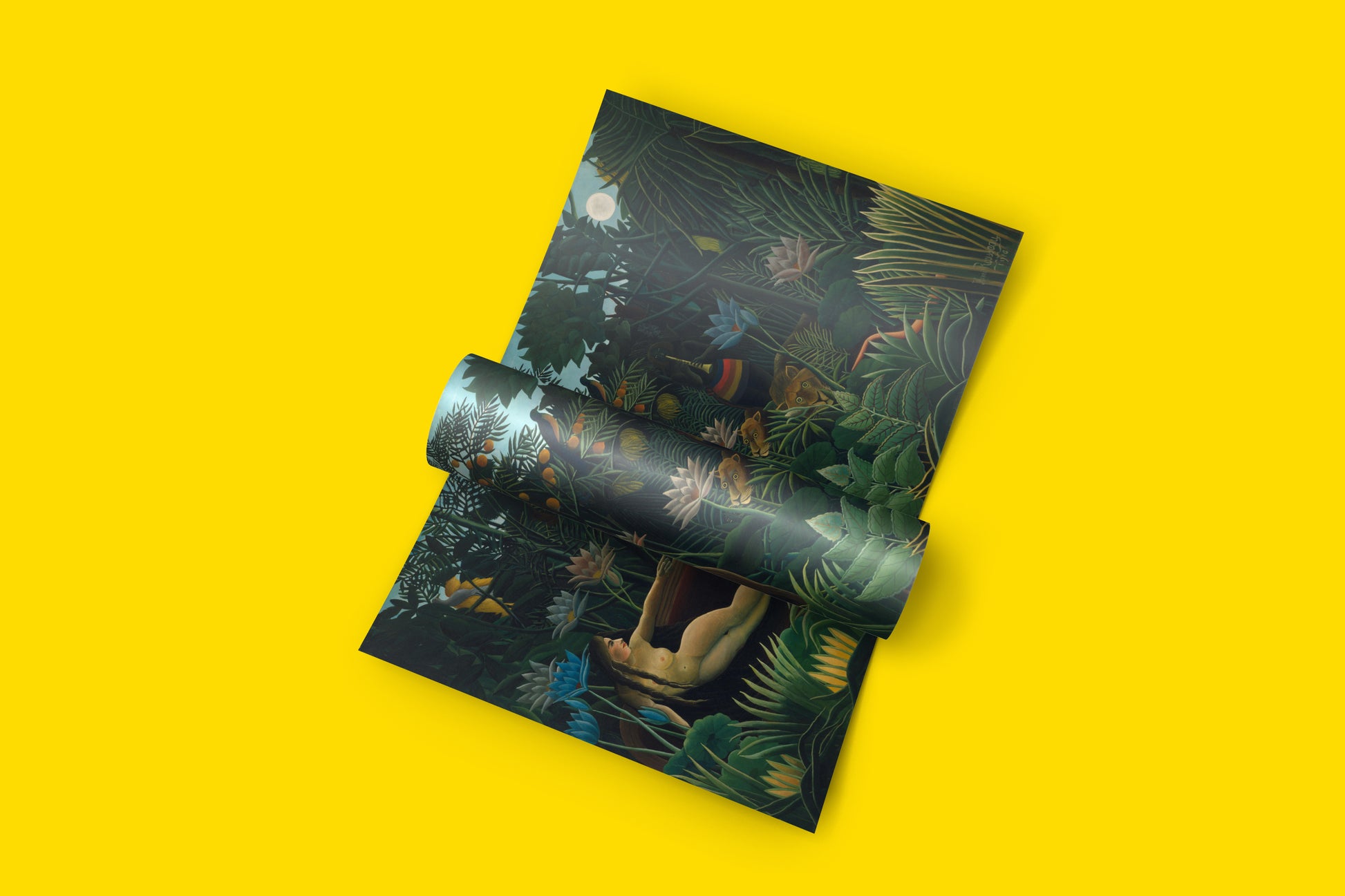 Close-up of the detailed foliage and exotic animals in the Henri Rousseau "The Dream" art print, highlighting the vibrant 12-color printing.