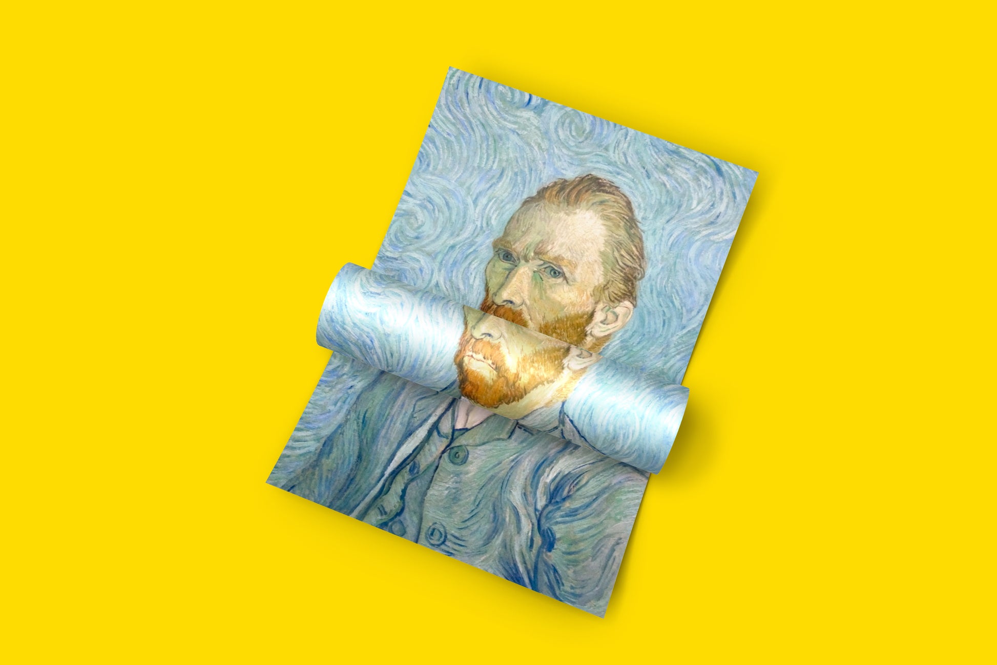 Post-Impressionist self-portrait art print by Vincent van Gogh featuring turbulent background patterns and piercing blue eyes, perfect sophisticated wall decor for interior design