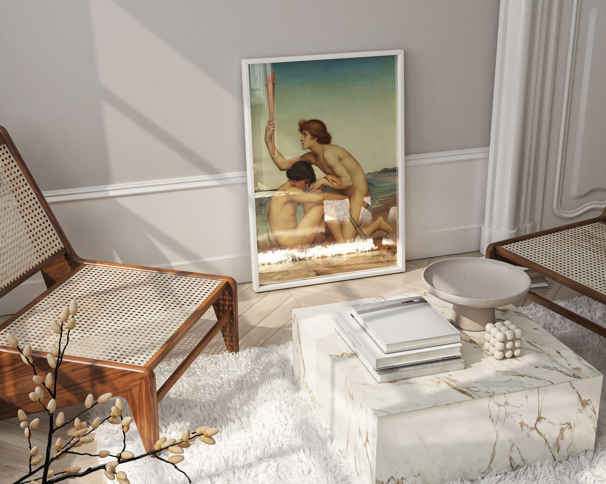 Pre-Raphaelite framed art print of Phosphorus and Hesperus by Evelyn de Morgan, Victorian masterpiece in black frame as stylish wall art, museum-quality giclée reproduction for gallery wall display