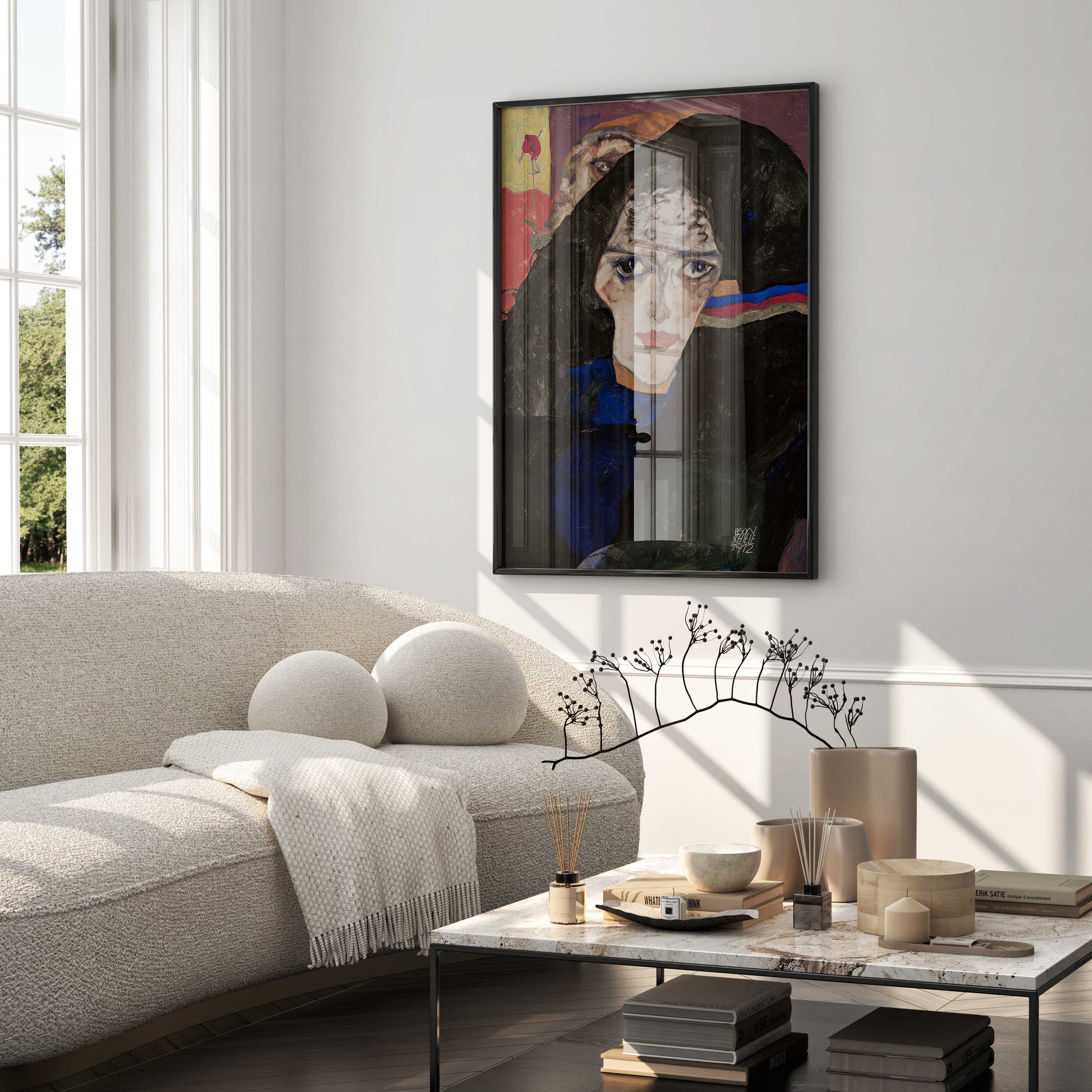 Premium framed 'Mourning Woman' art print by Egon Schiele, perfect for adding an iconic touch of Expressionism to any wall art collection.
