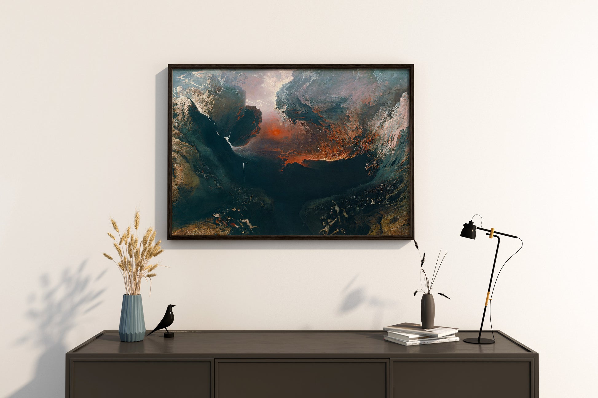 A close-up shot of a framed print of John Martin's "The Great Day of His Wrath," highlighting the elegant framing and the vivid colours of the fine art poster.