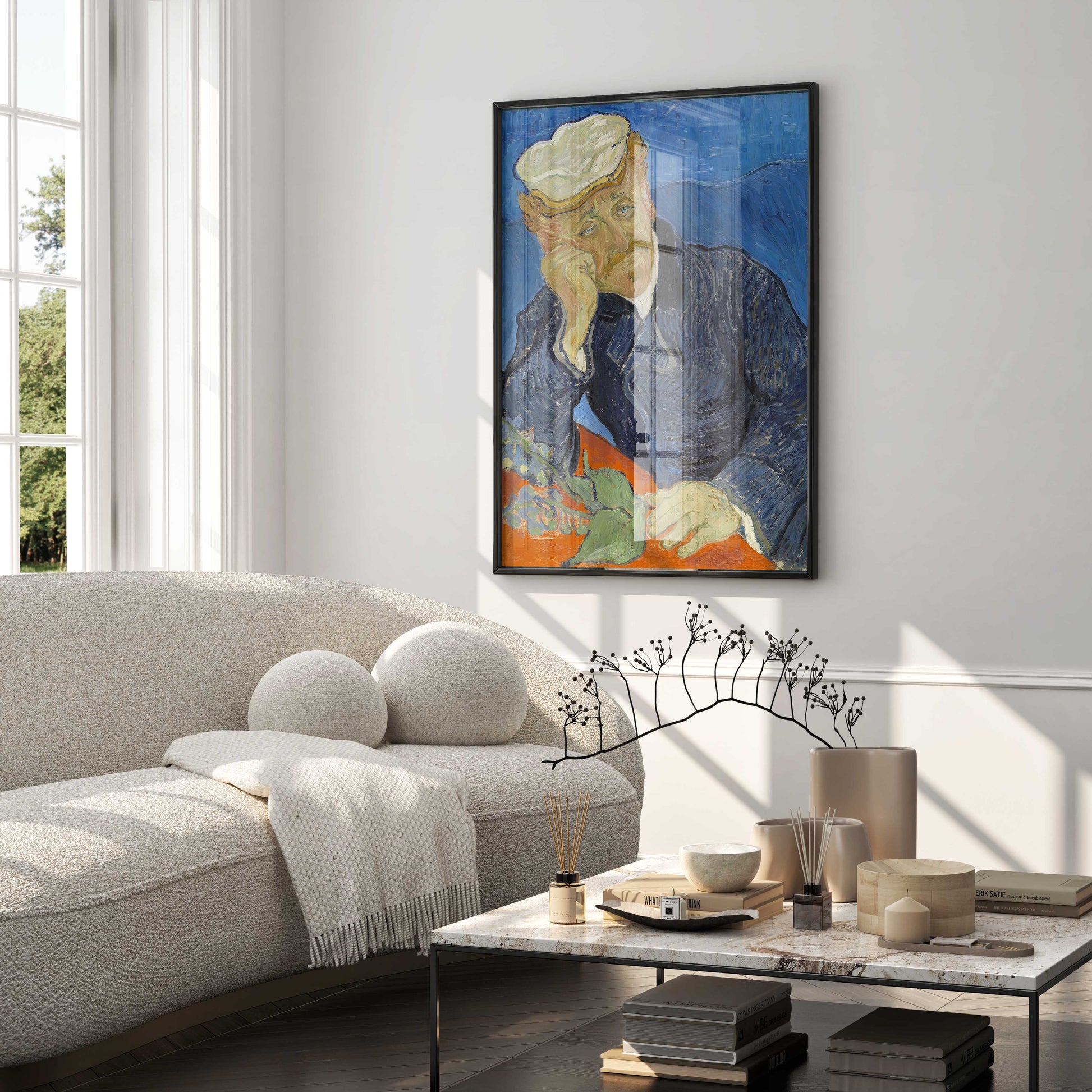 Elegant "Portrait of Dr. Paul Gachet" by Van Gogh, a premium framed art print enhancing the sophistication of a modern, upscale interior.