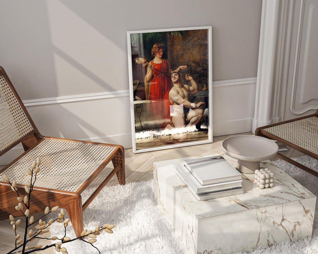 Interior design shot of a modern luxury living room featuring a large framed art print of the Gustave Courtois painting 'Hercules at the Feet of Omphale.'