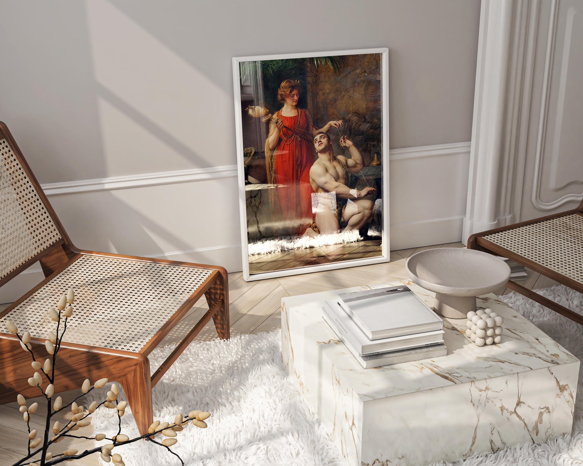 Interior design shot of a modern luxury living room featuring a large framed art print of the Gustave Courtois painting 'Hercules at the Feet of Omphale.'