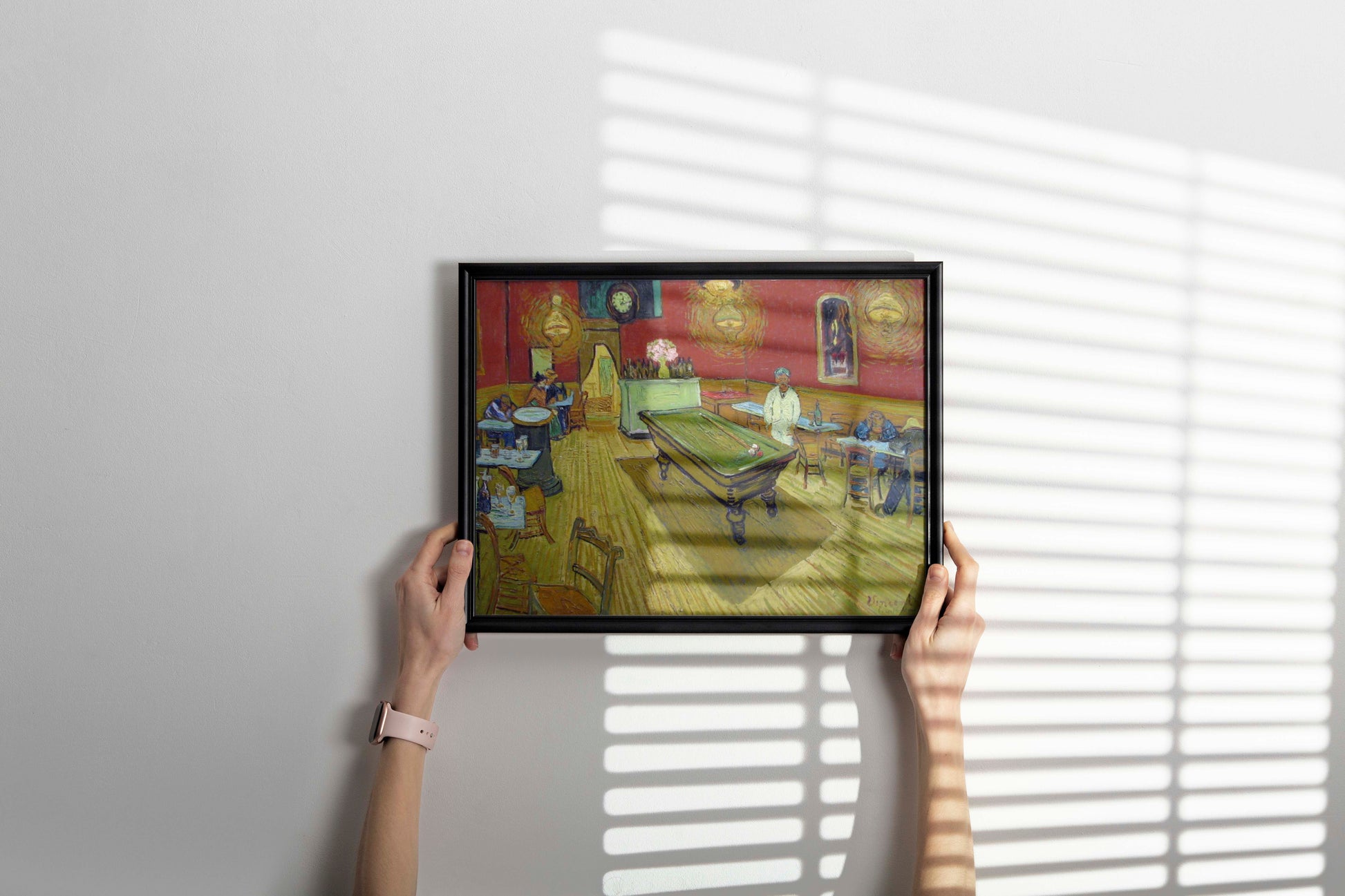 A close-up shot of a museum-quality framed giclée print of Van Gogh's "The Night Café," highlighting the intricate detail and premium finish.