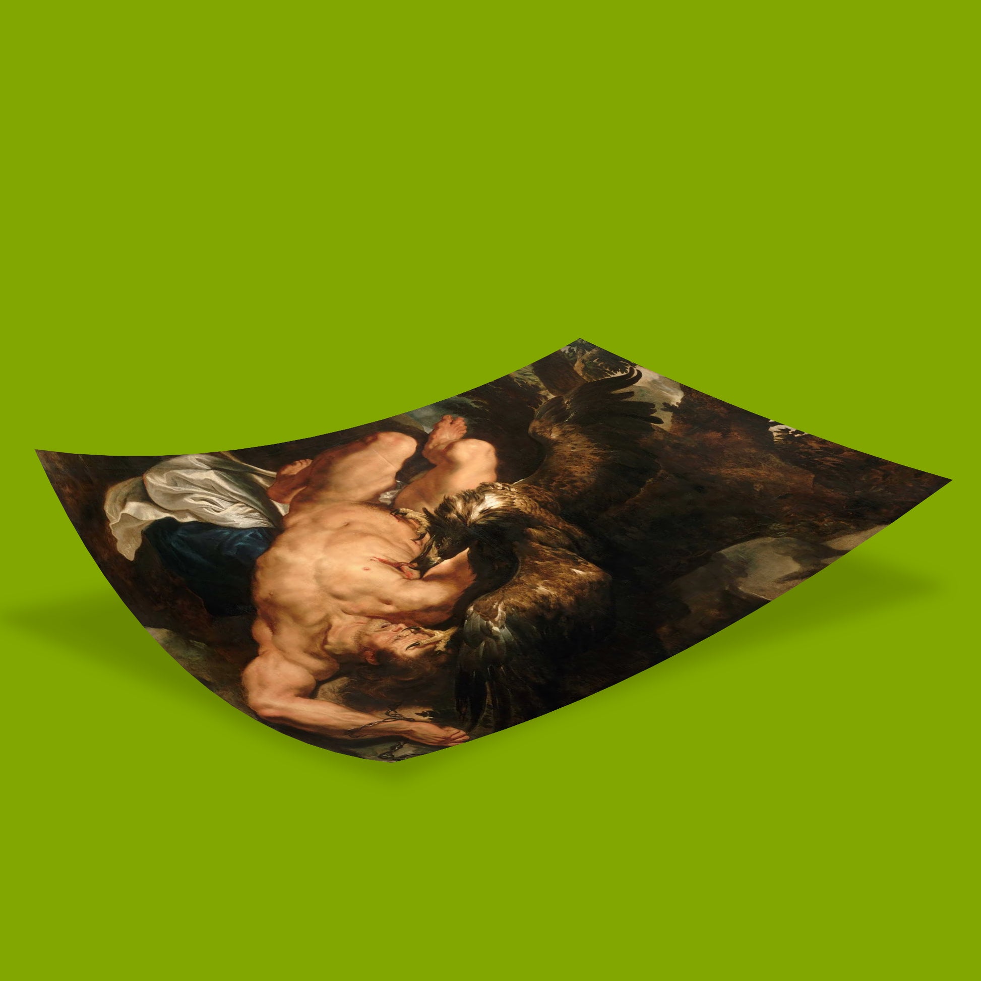 Rubens Prometheus Bound wall art displayed in modern living room, statement art prints for interior design