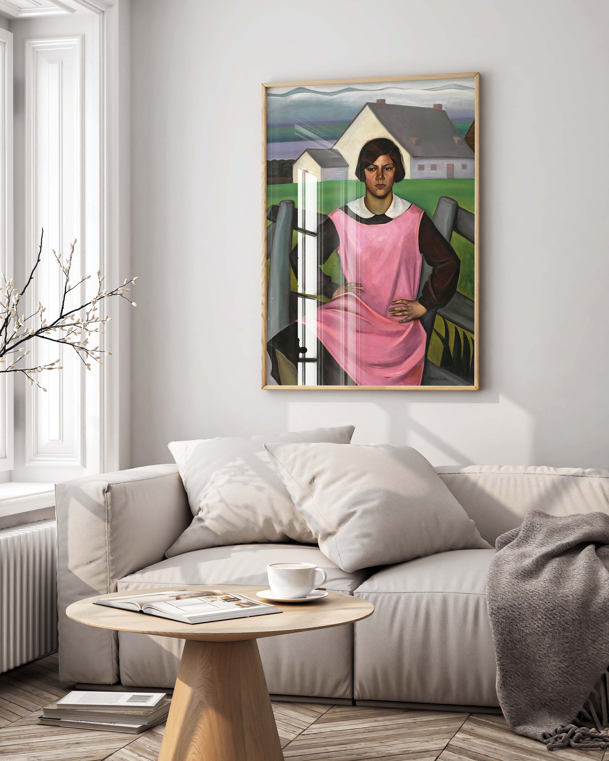 Framed Rollande art print by Prudence Heward hanging on interior wall - Canadian vintage portrait wall art in modern home setting, fine art display inspiration