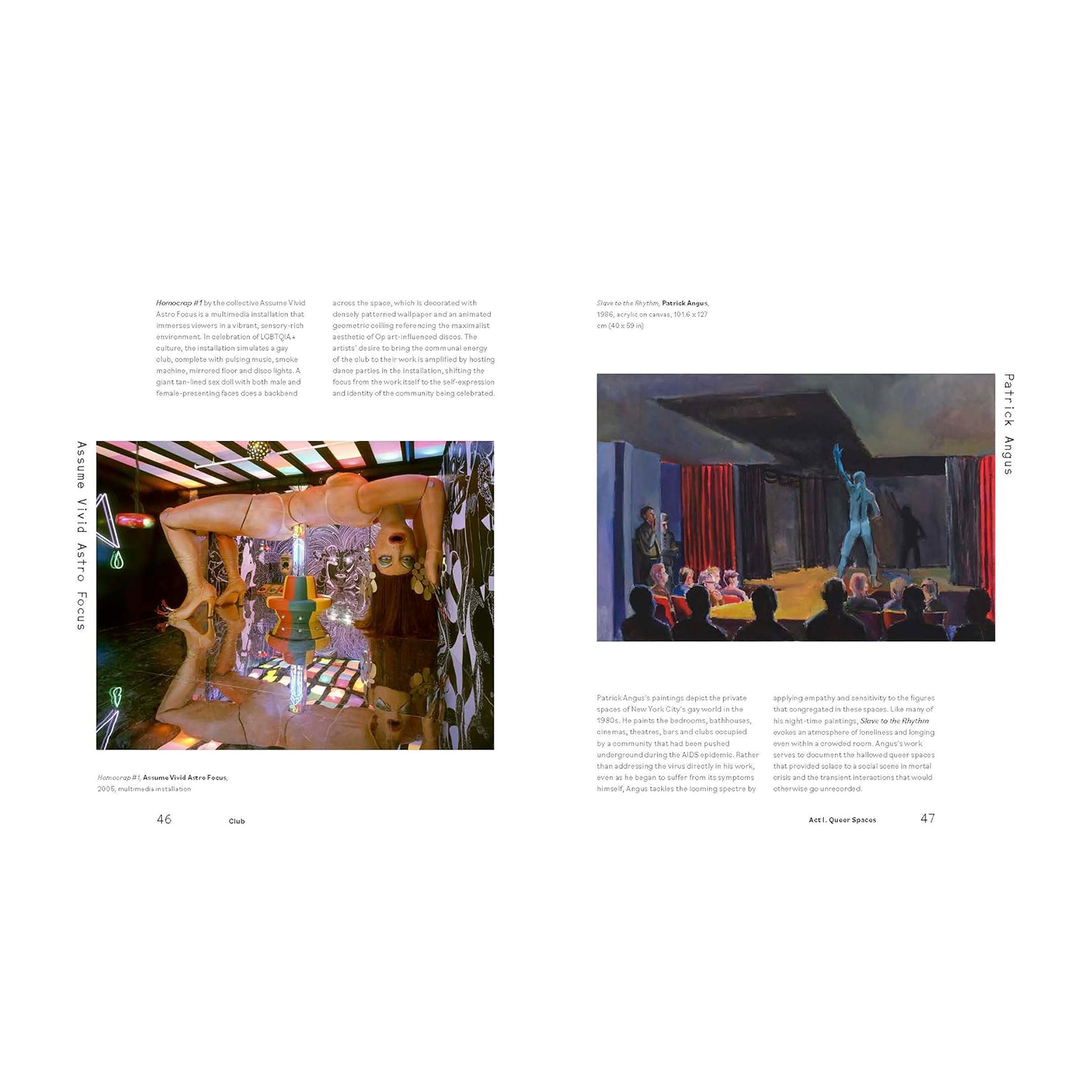 A page from the luxury queer art book featuring a painting by Patrick Angus depicting figures in a club, showcasing LGBTQI+ themes in fine art.