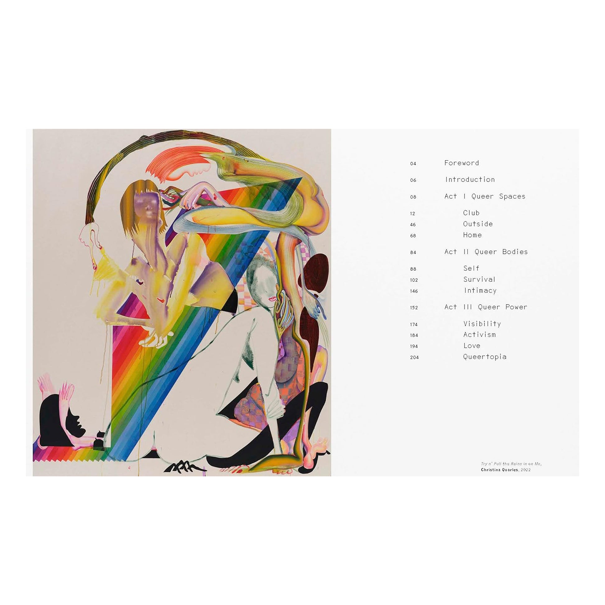 Table of contents page from the luxury art book "Queer Art," showing the book's structure and an abstract painting celebrating queer identity.