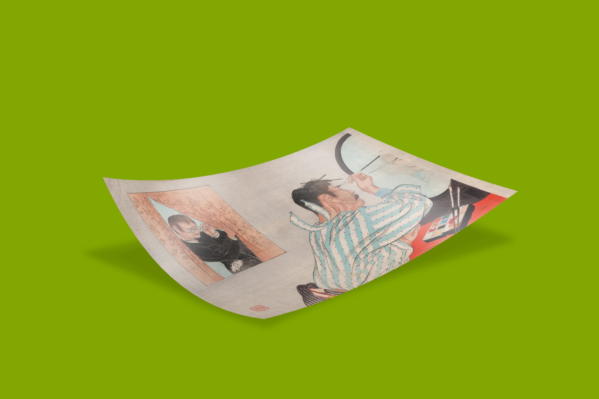 A fine art poster showcasing a scene of performance and identity from the famous Tomioka Eisen print. The image highlights themes of sexuality and the male gaze.