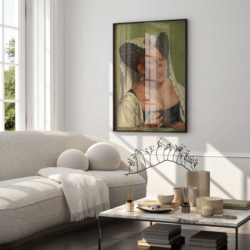A framed print of Quentin Matsys's The Ugly Duchess hanging as a centrepiece in a modern, luxury living room, enhancing the elegant interior design.