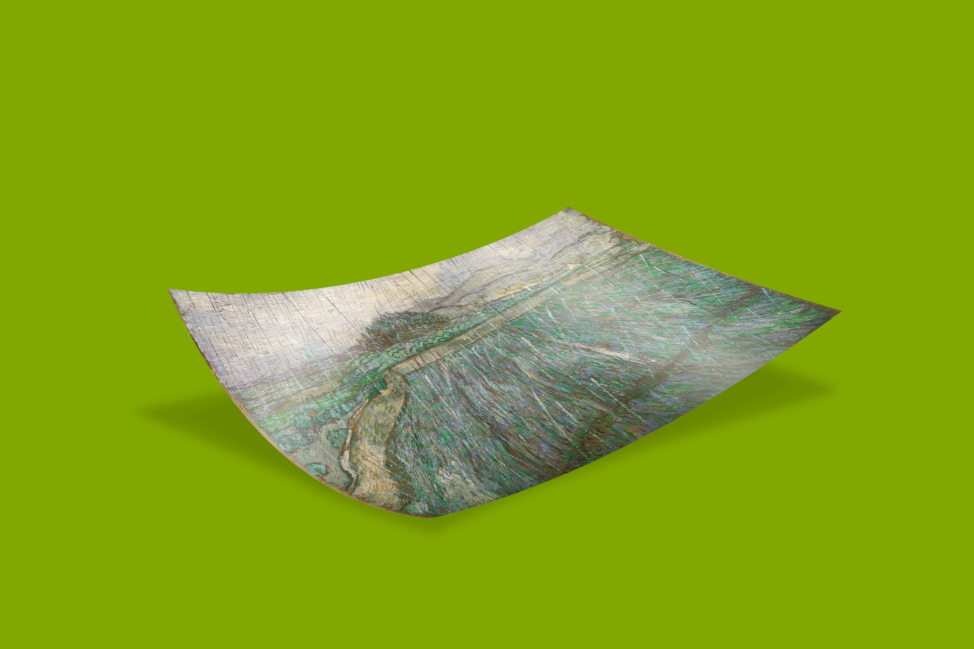 Close-up of a Van Gogh canvas print showing the dramatic slanted lines depicting rain over an enclosed field.
