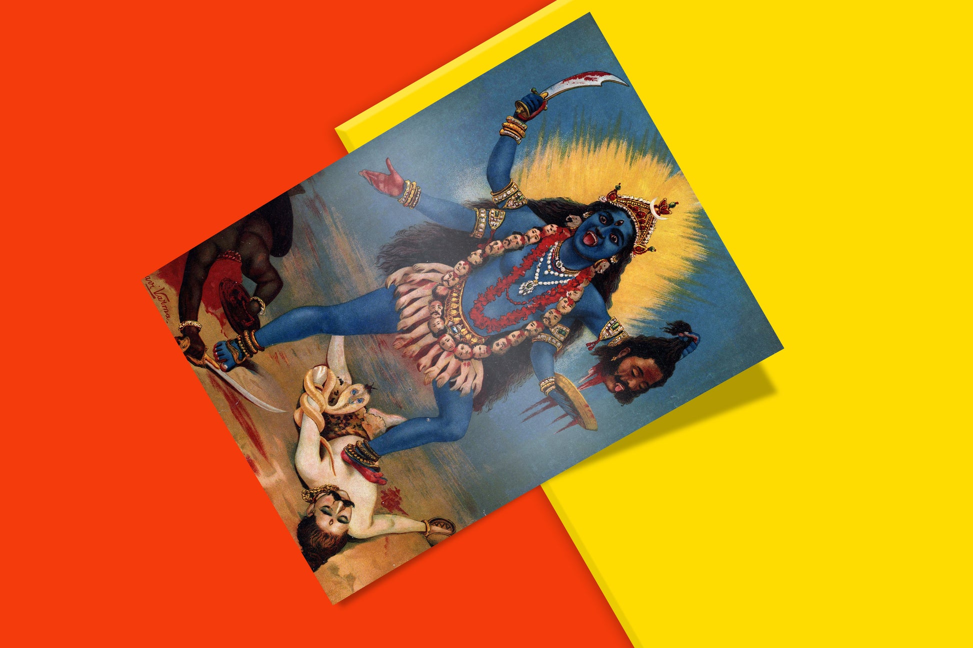 Museum-quality print of a classic Raja Ravi Varma painting showcasing the dramatic tale of Kali’s victory over demons.