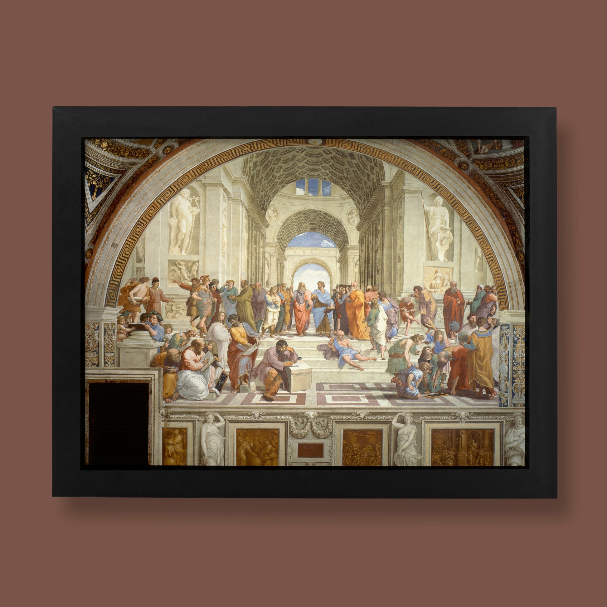 Raphael Santi The School of Athens fine art print featuring Plato and Aristotle surrounded by ancient philosophers in a grand Renaissance architectural setting
