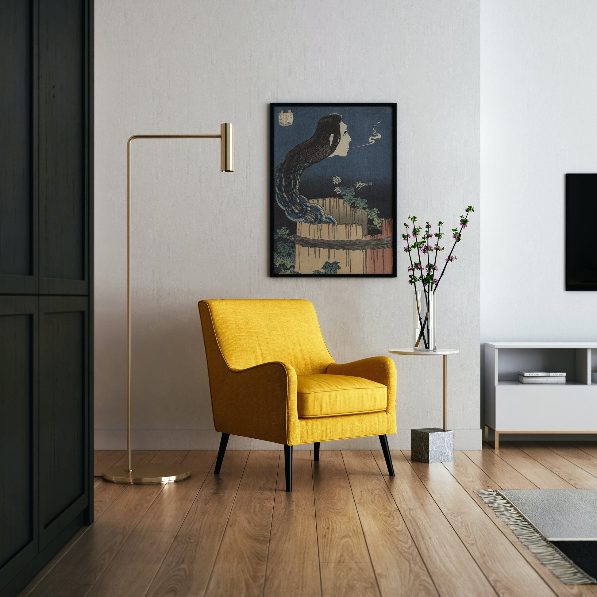 Hokusai Okiku ghost Japanese woodblock wall art print, from the One Hundred Tales series, available as a giclée fine art poster