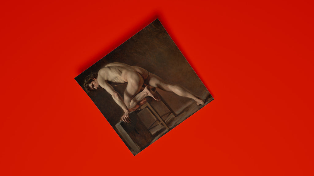 A premium art print of a nude male figure, a powerful and sensual realism painting by Gustave Courbet, perfect for art lovers.