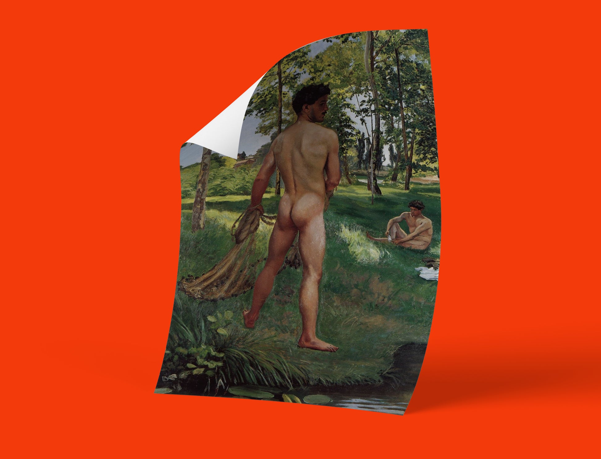 A high-quality giclée print of "Fisherman with a Net," a homoerotic artwork by Frédéric Bazille featuring two male nudes in a lush outdoor setting.