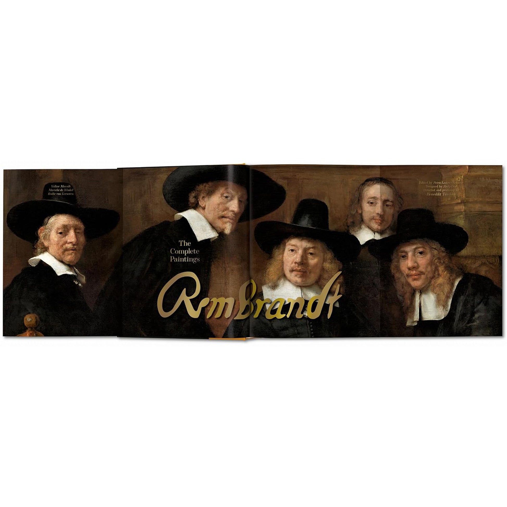 A wide, two-page spread from the art book showing a group portrait painting by Rembrandt, depicting several men in black hats.