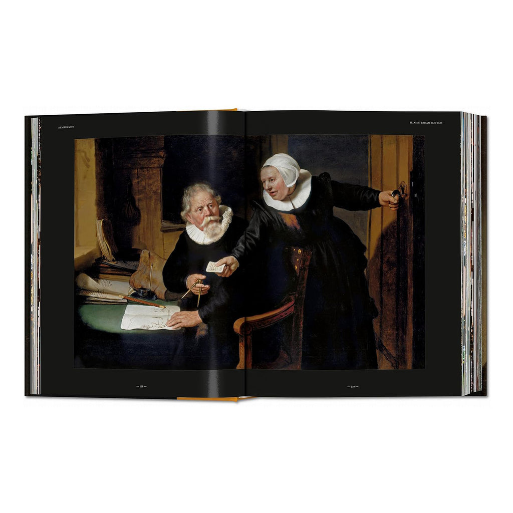 Open book showing a classical painting of two figures in a room.