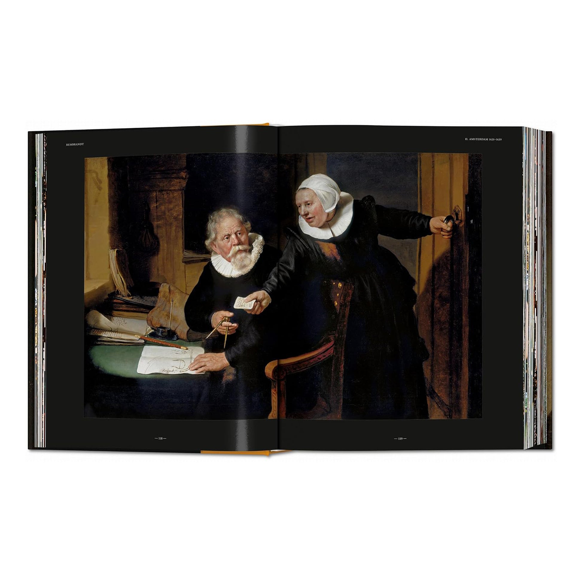 Open book showing a classical painting of two figures in a room.