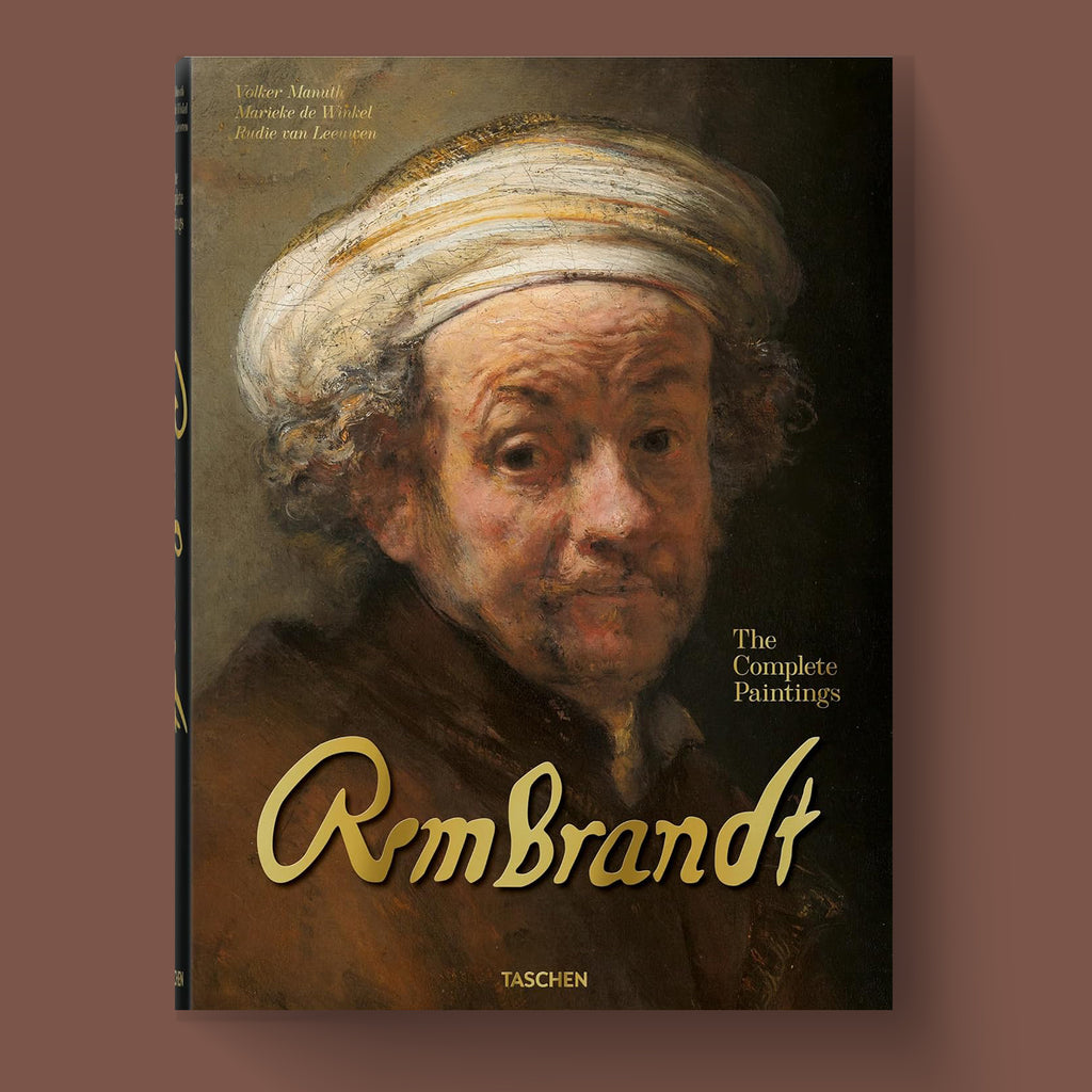 The front cover of "Rembrandt. The Complete Paintings" hardcover art book by Taschen, featuring a close-up portrait of the artist.