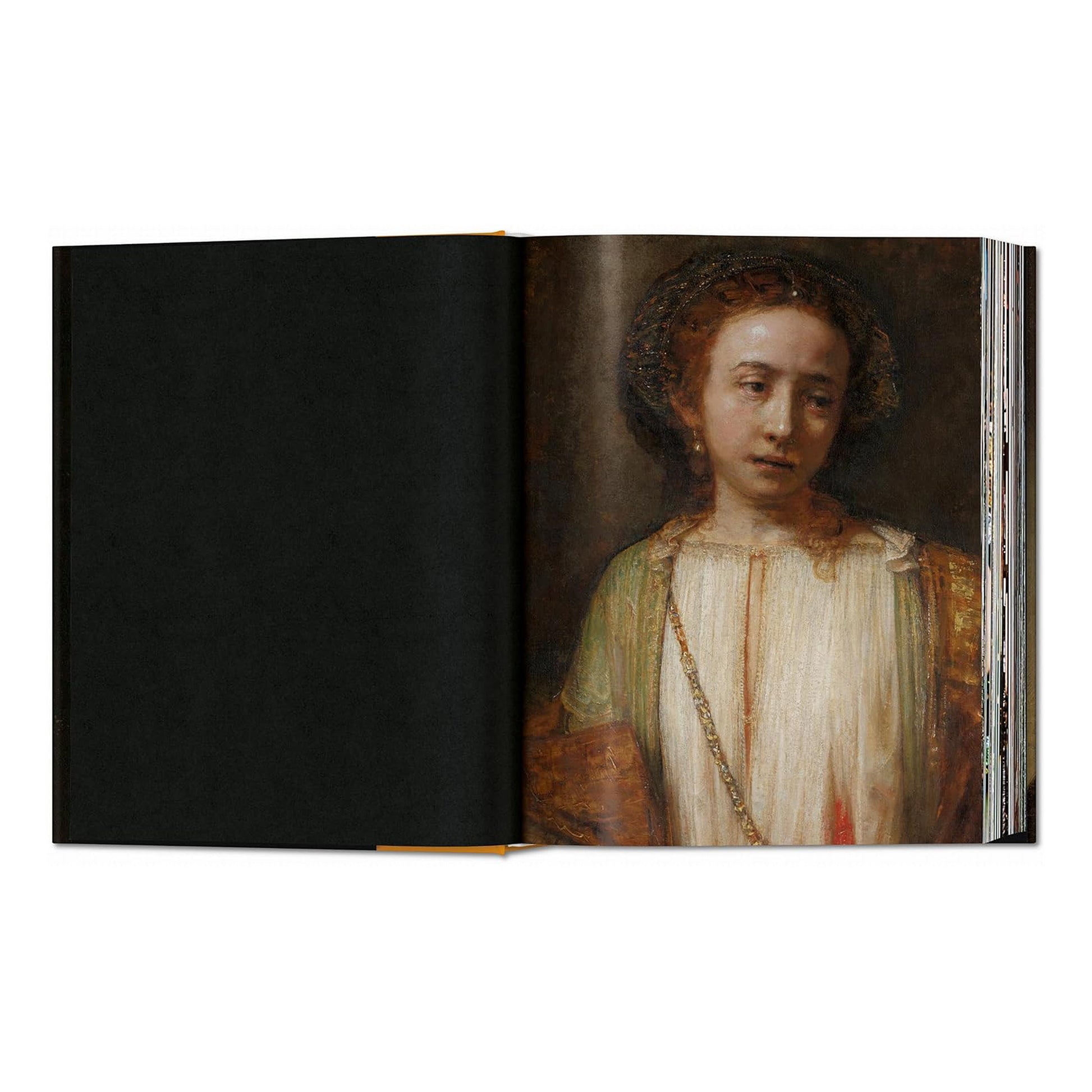 An open two-page spread of the Rembrandt book, showing a painting of a young woman holding a book and text on the facing page.