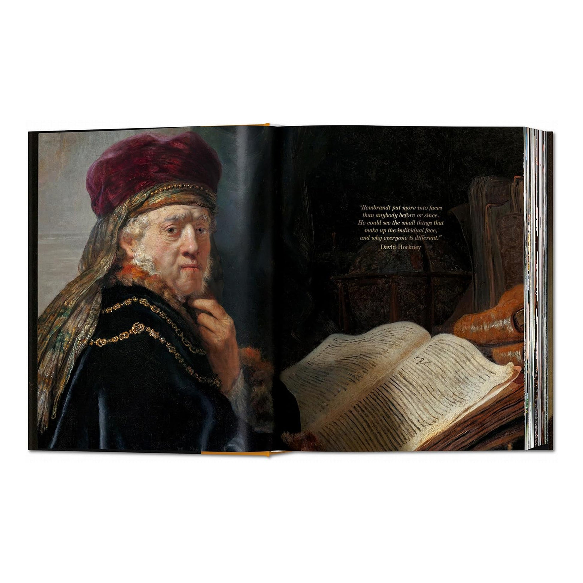 A two-page spread from the Rembrandt art book, displaying a portrait of a man in a black hat with a red sash.