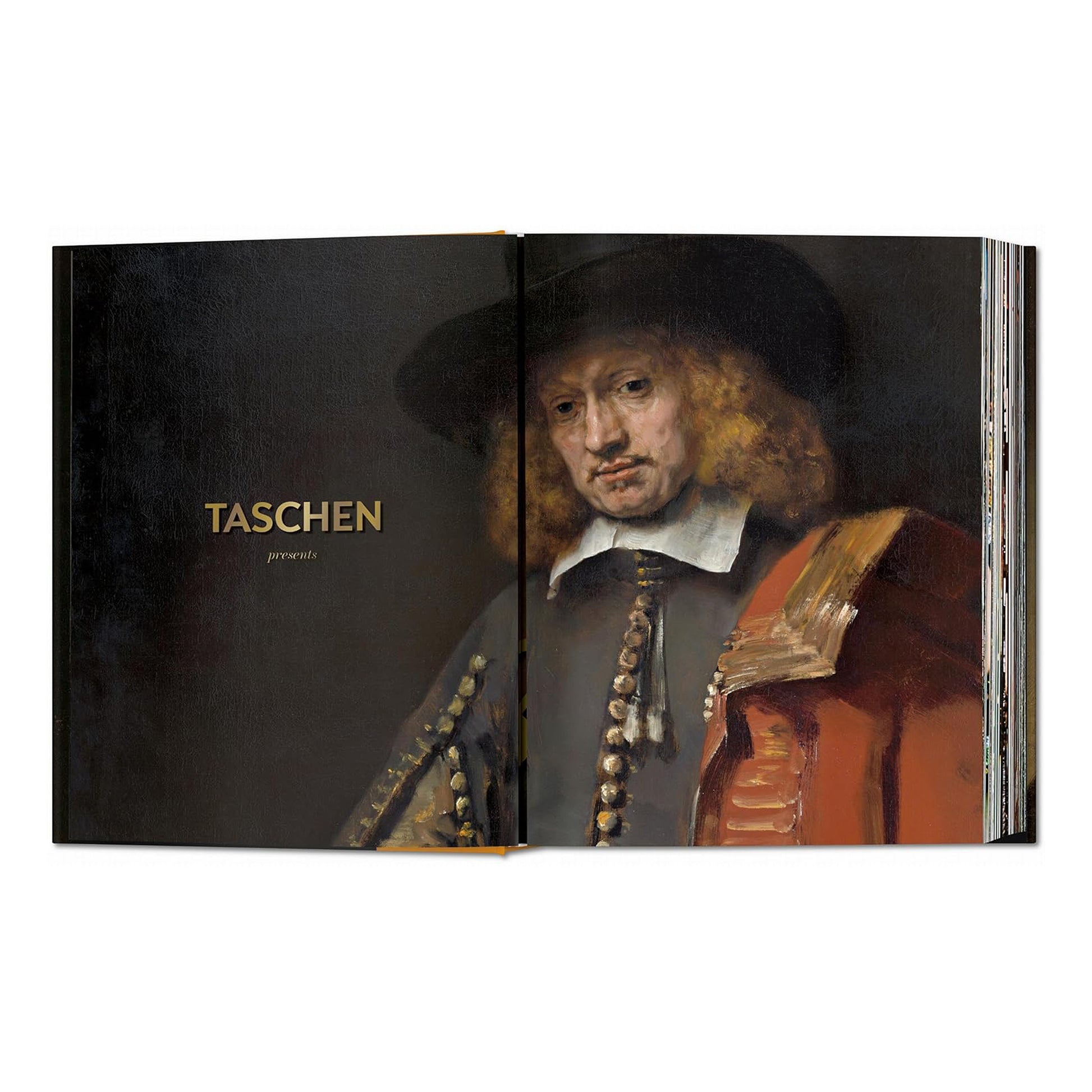 An open spread of the "Rembrandt. The Complete Paintings" book, showing a self-portrait by the artist and text about his work.