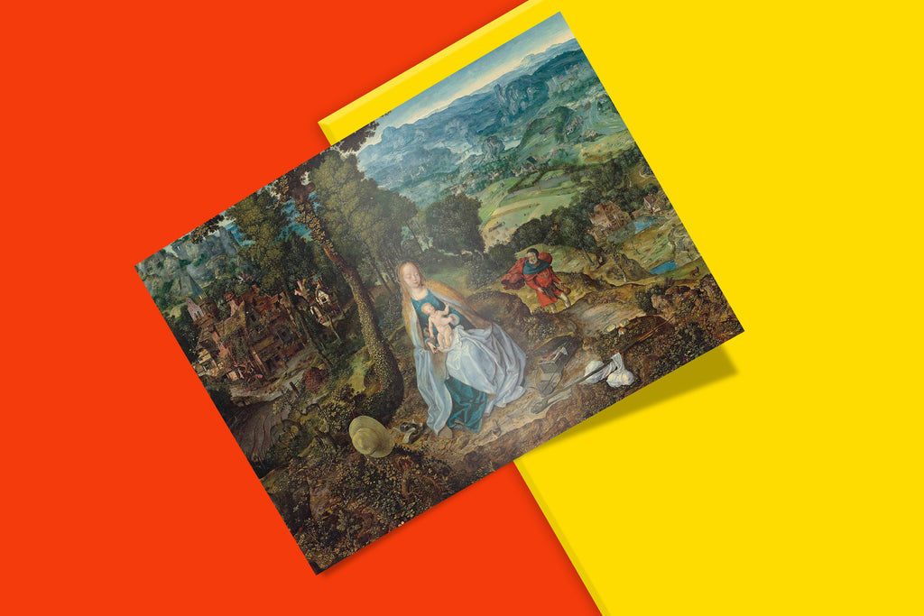 Renaissance wall art print showing panoramic Flemish landscape with biblical scene, Antwerp School world landscape painting reproduction for home decor