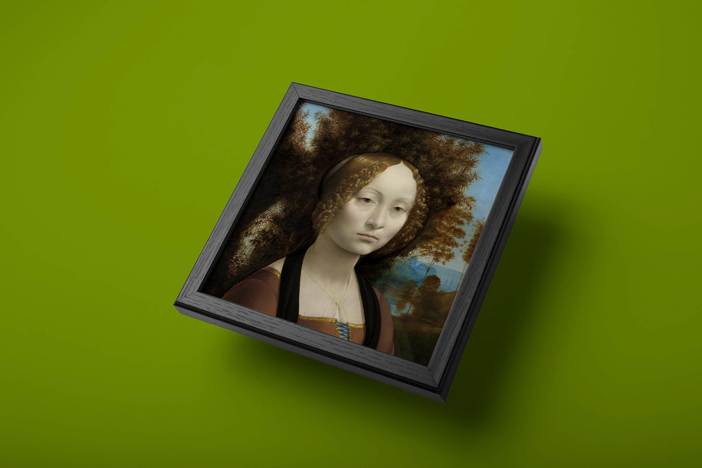 A beautiful and vibrant wall art print of the "Ginevra de' Benci" portrait by Leonardo da Vinci, showcasing the detailed facial expression and juniper background.