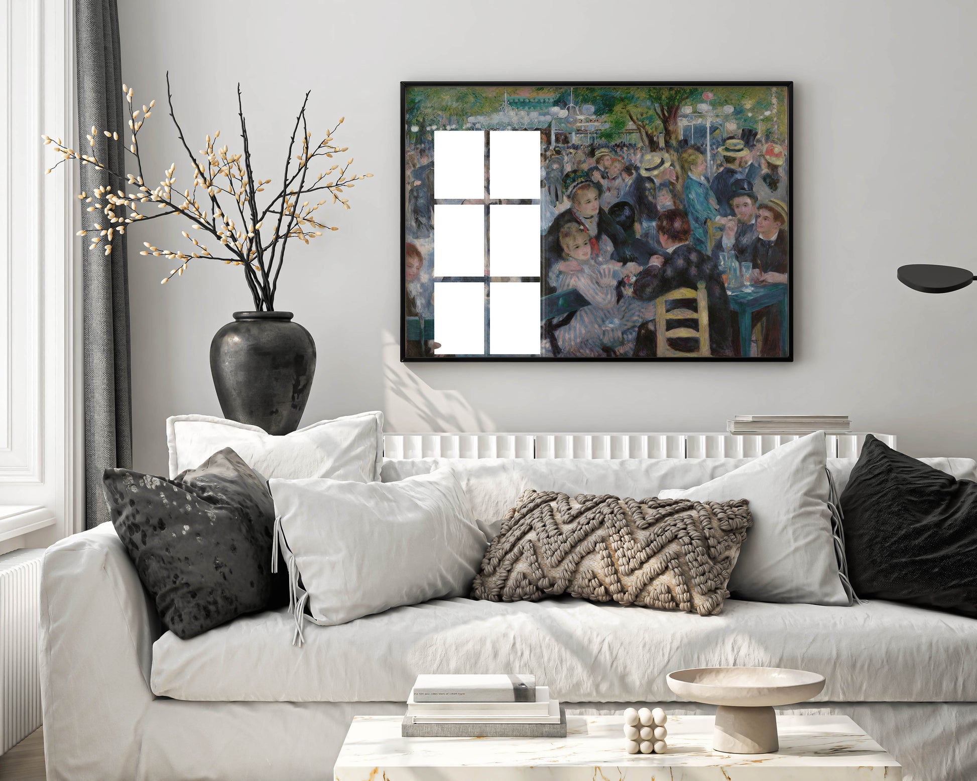 Framed Renoir Dance at Le Moulin de la Galette art print displayed as elegant wall art in modern living room interior, showing premium Impressionist home decor styling