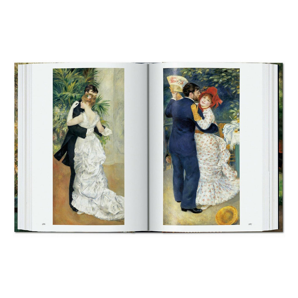 A two-page spread in the luxury art volume, displaying Renoir's "Dance at Bougival" and "Dance in the Country," two iconic French paintings.