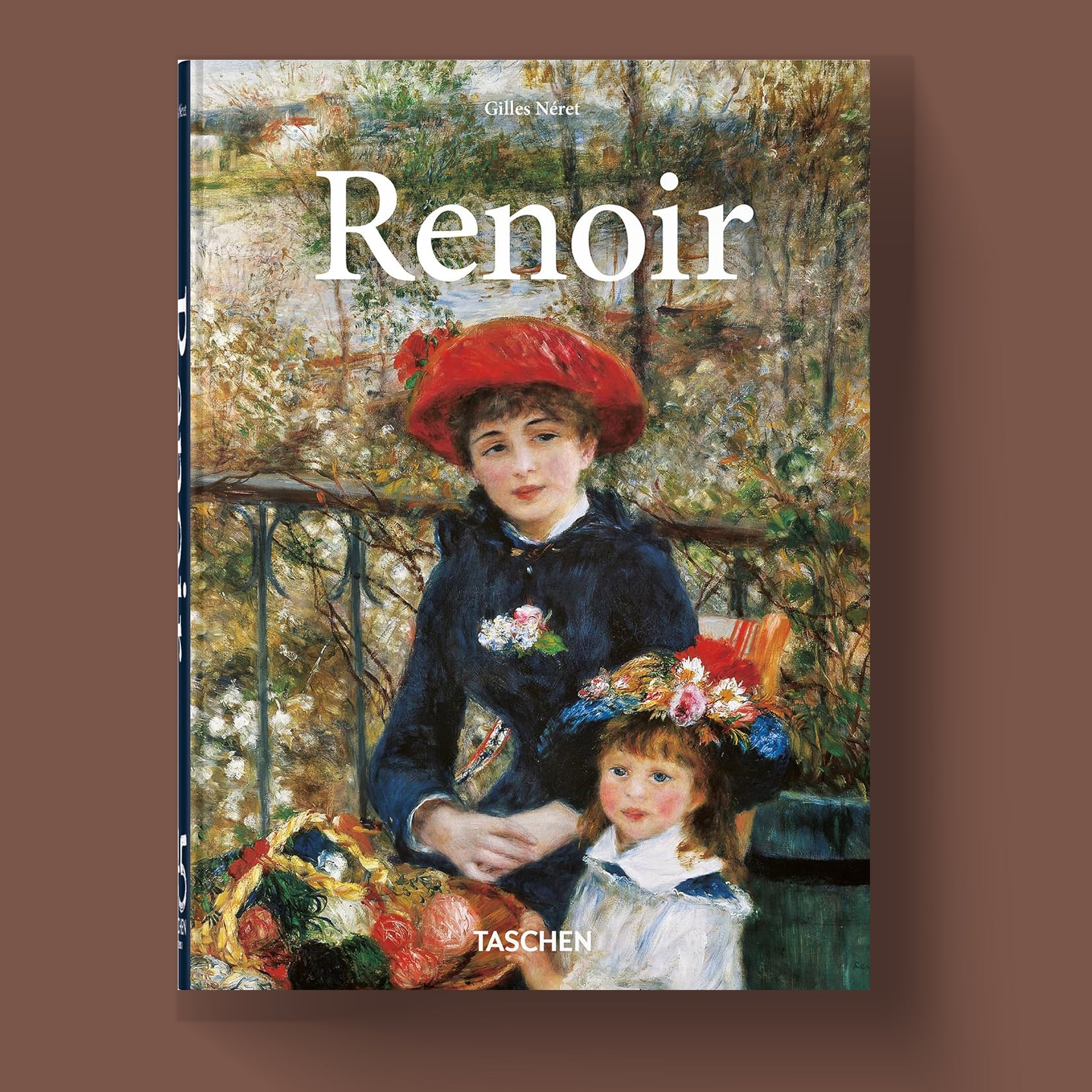 Front cover of the luxury hardcover book, "Renoir," by TASCHEN, featuring the artist's iconic painting of two people with floral hats, a must-have for any art collector.
